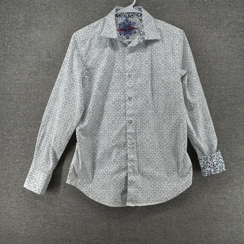 Robert Graham Shirt Men Size Small White Blue Geometric Flip Cuff Casual - Picture 2 of 11